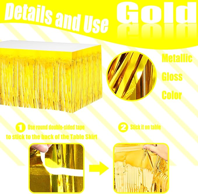 4 Pack 29x108 Inch Metallic Foil Fringe Tinsel Table Skirts for Rectangle Tables Streamer Curtains Backdrop for Wedding, Birthday, Parade Floats, Christmas, Halloween Party Decoration(Gold)