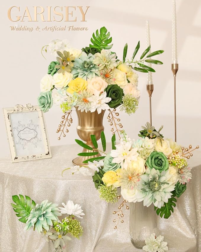 Artificial Flowers Combo, Mix Silk Flowers Roses, Peonies, Dahlias with Stems for DIY Wedding Bridal Bouquets, Baby Shower, Table Centerpieces, Home Decor, Fake Floral Arrangements-Elf Green