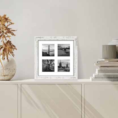 10x10 Picture Frame Set of 2, Real Glass and Distressed White Collage Frame, Display Pictures Four Opening 4x4 With Mat or 10 x 10 Without Mat for Wall Hanging or Tabletop