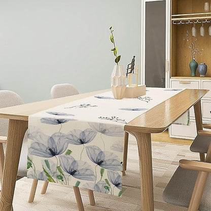 Watercolor Poppy Floral Table Runner, Abstract Seasonal Spring Summer Blue Purple Flower Kitchen Dinning Table Runner for Indoor Outdoor Home Wedding Party Holiday, 13x90 Inch