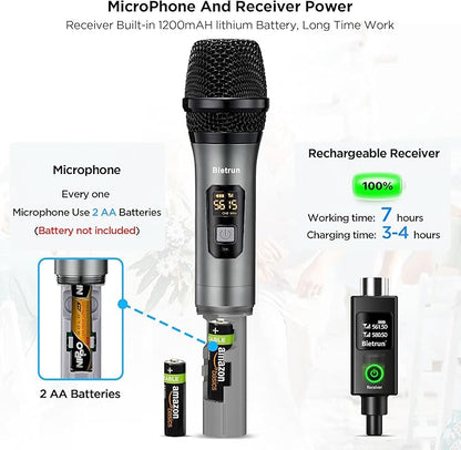 Bietrun XLR Wireless Microphone, UHF Dual Handheld Dynamic Metal Mic Set with Rechargeable Receiver, XLR to 1/4'' Adapter, for Karaoke, Church, Wedding, Party Singing(160 ft Range)(Auto Connect)