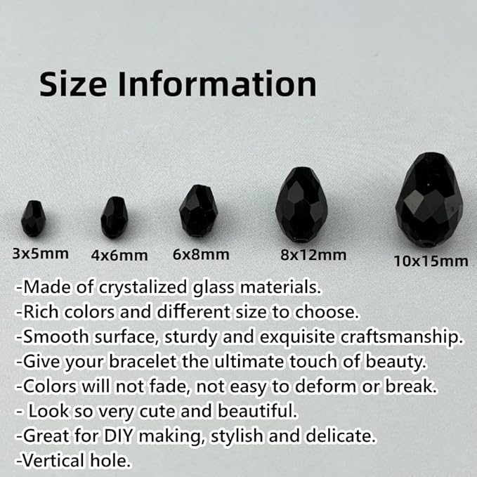 200pcs 3x5mm Teardrop Crystal Glass Beads for Jewelry Making, Faceted Vertical Hole Teardrop Glass Spacer Beads for Wind Chimes Bracelet Earring Necklace DIY Craft(Black)