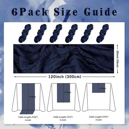 6 Pack Navy Blue Cheesecloth Table Runner 10FT Boho Fabric Rustic Cheese Cloth Table Runner for Wedding Bridal Shower Baby Shower Gauze Sheer Birthday Party Table Decorations 20 x 120 Inch Long