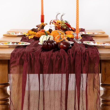 Burgundy Red Cheesecloth Table Runner 4 Pack Fall Table Runners Boho Gauze 120 Inches Red Cheese Cloth Fall Table Decorations for Thanksgiving Christmas Weddings Bridal Shower Candlelight