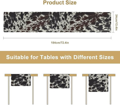Cow Print Table Runner, Country Farm Animal Fur Skin Pattern Western Style Black Brown Cowhide Print Dinner Runner for Home Kitchen Dining Home Setting, 13x90 Inch