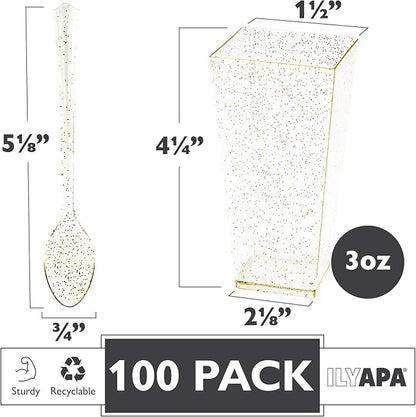 Ilyapa 3oz Plastic Dessert Cups - 100 Pack Mini Dessert Cups with Spoons - Clear Reusable Small Appetizer Cup for Cheesecake Shooters, Chocolate Mousse - Party and Catering Supplies - Square Gold