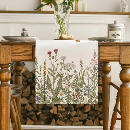 Artoid Mode Antique Herbs and Wild Flowers Summer Table Runner, Spring Fall Kitchen Dining Table Decoration for Home Party 13x120 Inch
