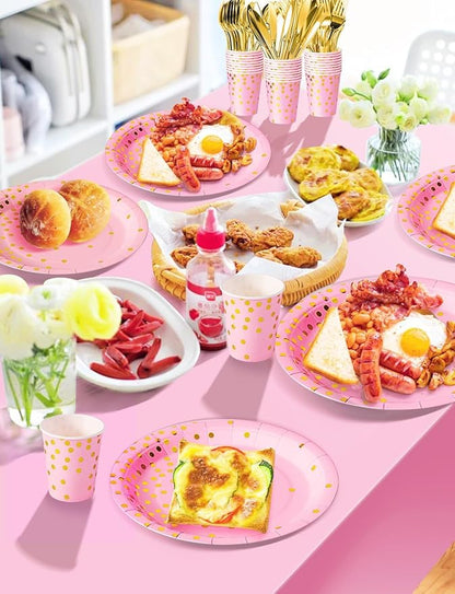 141 Pieces Pink and Gold Party Supplies, Party Dinnerware Sets Include Paper Plates Napkins Cups Silverware, for Wedding Bridal Shower Engagement Birthday Parties Decoration -20 Serves