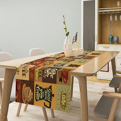 Coffee Table Runner,Vintage Style Coffee Beans Cups Theme Design Pattern Print Tablecloth Burlap for Hotel Indoors Outdoor Dining Room Kitchen Holiday Party, 13x70in