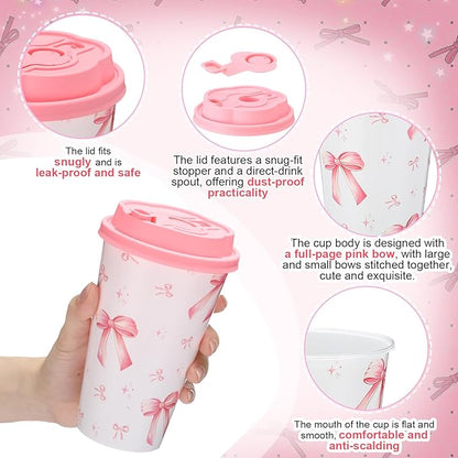 Yungyan 36 Sets Pink Bow Party Favors Goodie Cups with Lids and Straws for Birthday Coquette Party Decorations Reusable 16oz Plastic Candy Cups Plastic Straws for Christmas Decor(Pink Bow)