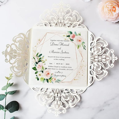 Hosmsua 50PCS Personalized Silver Glitter Laser Cut Wedding Invitation Cards With Envelopes 6.3 x 6.3 Inch Hollow Lace Rose Pocket and for Quinceanera Wedding Invite (Silver Glitter)