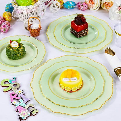 Liacere 350PCS Light Green Plates - Disposable Green and Gold Plastic Plates 50guest Baroque Dinnerware include 100Plates,50Pack Pre Rolled Napkins with Silverware 50Cups for Mother's Day