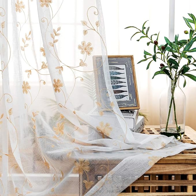 Floral Embroidery Sheer Curtains Beige 95 Inch Length, Rod Pocket Voile Drapes for Living Room, Bedroom, Window Treatments Semi Crinkle Curtain Panels for Yard, Patio, Villa, Set of 2, 52"x 95".
