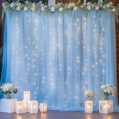 10×10ft Blue Tulle Backdrop Curtain with Lights String for Parties, Sheer Photo Curtain Backdrop Drapes for Wedding Party Photography Backgrounds