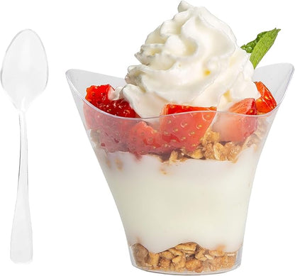 Ilyapa 3.5oz Plastic Dessert Cups - 100 Pack Mini Dessert Cups with Spoons - Clear Reusable Small Appetizer Cup for Cheesecake Shooters, Chocolate Mousse - Party and Catering Supplies - Parfait