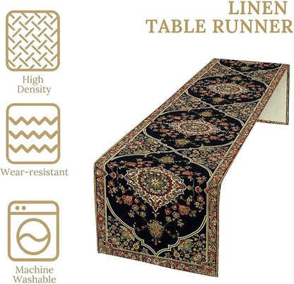 Vintage Boho Floral Table Runner, Rustic Country Farmhouse Black Bohemia Flower Pattern for Home Kitchen Table Decor Dining Cafe Room Wedding Party Decor 13x72in