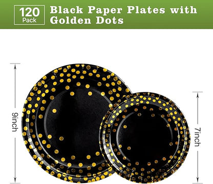 Lullaby 120PCS Black Paper Plates, Black and Gold Paper Plate, 60pcs Dinner Plates 9"，60pcs Dessert Plates 7", Disposable Graduation Plates with Golden Dot for Birthday party, Halloween