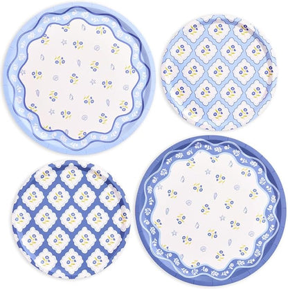 xo, Fetti Blue Coastal Paper Plates | 32 pcs, 2 sizes | Nautical Bachelorette Decorations, Seaside Dinner Party Setting, Beach Birthday Decor, Floral Tablescape