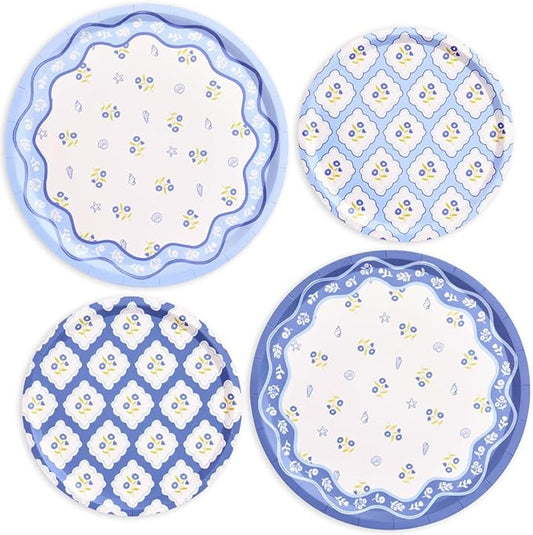 xo, Fetti Blue Coastal Paper Plates | 32 pcs, 2 sizes | Nautical Bachelorette Decorations, Seaside Dinner Party Setting, Beach Birthday Decor, Floral Tablescape