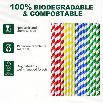 [10MM Wide] 10.25 Inch Extra Long Fat Sturdy Paper Drinking Straws for Smoothies, Milkshakes, Thick Frozen Drinks - 100 Counts, Colorful Stripes - Biodegradable