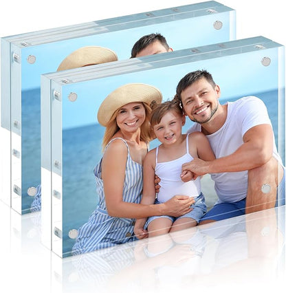 HOUSE DAY Acrylic Picture Frames 5x7, 2 Pack Magnetic 5x7 Picture Frame, Double Sided Clear 5 x 7 Photo Frame with Microfiber Cloth, Frameless FreeStanding 5x7 Frame Gift for Desktop Display