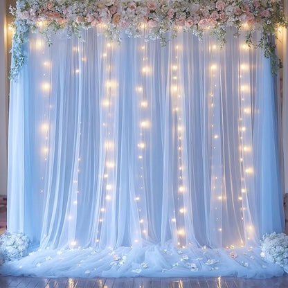 Blue Tulle Backdrop Curtains with Lights String for Parites Baby Shower 30×10ft Blue Sheer Backdrop Curtains Drapes for Bridal Shower Birthday Party Photo Shoot Background Decorations(6 Panels 5×10ft)