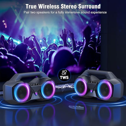 KMAG Bluetooth Speaker Wireless, 80W Loud Speaker with Deeper Bass, IPX7 Waterproof, 20H Playtime, Cool Lights, TWS, Portable Speaker for Home, Outdoor, Workshop, Party, Gift for All(Gray)
