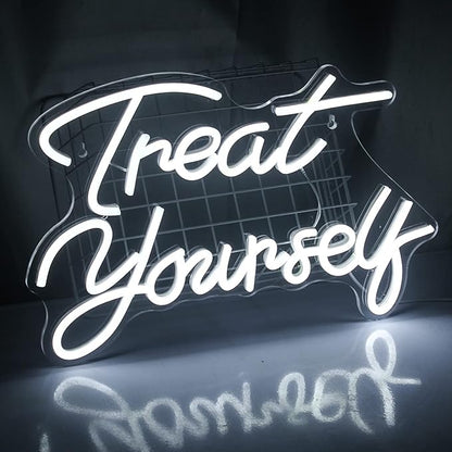 Treat Yourself Neon Signs White Led Sign for Bedroom Wall Letter Neon Lights Wedding Signs Neon Room Decor for Birthday Gift Party Home Decor Bar