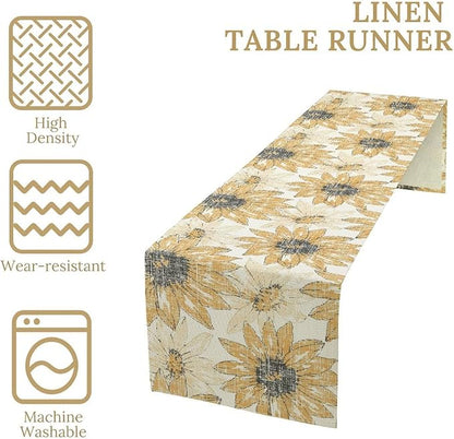 Chrysanthemum Vintage Floral Table Runner, Elegant Grunge Orange Sunflower Spring Summer Elegant Pattern Artichokes Flower Table Runner for Party Kitchen Dining Living Room Decor, 13x120 Inch