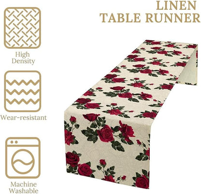 Vintage Rose Table Runner, Red Flowers Green Leaves Valentine's Day Table Runner for Kitchen Dinning Table Runner Decor Home Wedding Party Holiday, 13x36 Inch