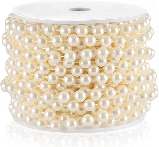 Craft String Pearls 8MM Pearl Bead, 33 Feet Ivory Faux Pearl Garland Spool Roll Strand Wedding Party Decoration, Christmas Tree Decorations