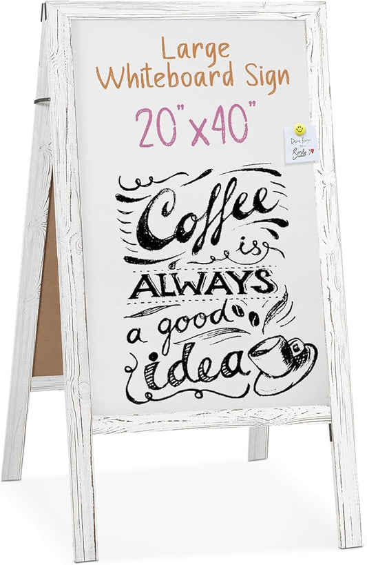 Ilyapa Wooden A Frame Whiteboard Sign - Magnetic Dry Erase Sidewalk Menu Board - Sturdy Freestanding Sandwich Board Signs Outdoor Menu Display for Restaurant, Business, Trade Show - 40 x 20 Inch