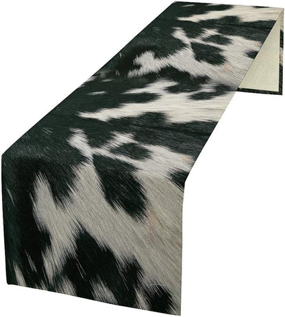 Cow Skin Print Table Runner, Rustic Country Farm Fur Skin Cowhide Pattern Western Style Black White Print Table Runner for Home Kitchen Dinning, 13x36 Inch