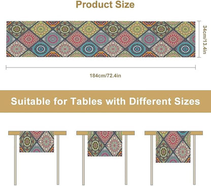 Boho Bohemian Table Runner, Vintage Indian Floral Print Table Cover for Farmhouse Kitchen Dining Table Decor Holiday Party, 13x60inch