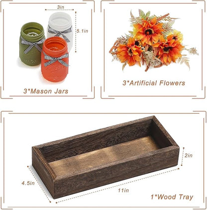 Thanksgiving Fall Mason Jar Centerpiece for Table with Artificial Flowers, Set of 3 Mason Jars Farmhouse Decor Decorative Jars for Thanksgiving Home Decor, Thanksgiving Dinner Table Centerpiece