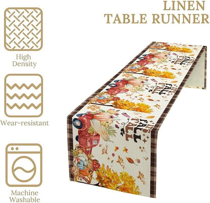 Fall Pumpkin Table Runner,Rustic Maple Yellow Leaf Trees Truncks Brown Plaid Tablecloth Burlap for Hotel Indoors Outdoor Dining Room Kitchen Home Decor,W13X L60 in