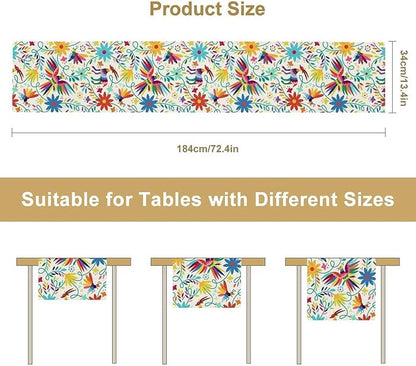 Mexican Table Runner,Boho Colorful Nature Inspired Flowers and Birds Table Cloth Kitchen Dining Table Home Party Decoration 13x90 Inch