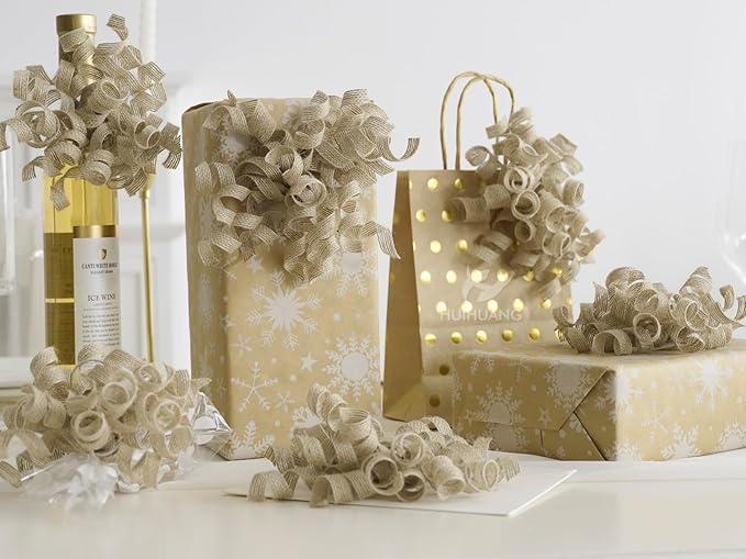 HUIHUANG Burlap Gift Bows Curly Bows for Gift Wrapping Self Adhesive Burst Gift Bow for Baby Shower, Wedding, Birthday Party Favors, Christmas Presents - 5 inch x 6 Counts