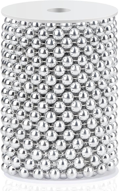 Craft String Pearls 10MM Pearl Bead, 33 Feet Silver Faux Pearl Garland Spool Roll Strand Wedding Party Decoration, Christmas Tree Decorations