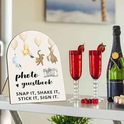 Winnie Wedding Photo Guestbook Sign with Stand, the Pooh Decor Wedding Welcome Sign, Bridal Shower Sign, Baby Shower Party Supplies, Wedding Shower Supplies, Photo Guestbook Wooden Plaque 8 * 10In