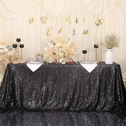SquarePie Sequin Tablecloth 90 x 132 Inch Black Sparkly Table Linen for Halloween Wedding Party