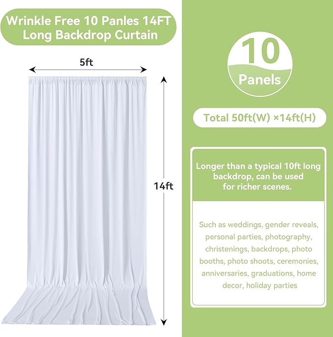 50ftx14FT Wrinkle Free White Backdrop Curtain, 10 Panels 14FT Height White Wedding Backdrop Drapes, Silky Polyester Back Drop Cloth for Birthday Photography Background Party Backdrop Draping