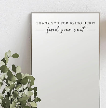 Seating Chart Sign, Wedding Mirror Decal, Thank You for Being Here Find Your Seat, Wedding Seating Chart Header Vinyl Decal, Your Seat Awaits Wedding Sign Decal, Mirror Sticker for Seating (Black, Wide 20")