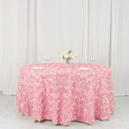 Efavormart 120" Wholesale Round Table Cover Pink Grandiose Rosette 3D Satin Tablecloth for Wedding Party Event Decoration