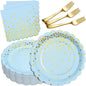 Light Blue Paper Plates and Napkins Party Supplies, Disposable Gold Dot Dessert Plates and Scalloped Napkins for Blue Party Decorations, Serves 35 Guests