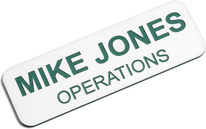 Custom Engraved Name Tag Badges – Personalized Identification with Pin or Magnetic Backing, 1 Inch x 3 Inches, White/Pine Green