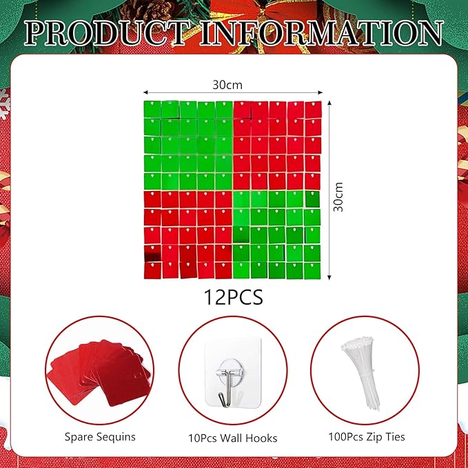 12PCS Red Green Shimmer Wall Backdrop, Laser Square Sequin Photo Backdrops Panel, Glitter Wall Background for Birthdays, Weddings, Christmas, Engagements, Disco Bachelorette Party Decor (3FTx4FT)