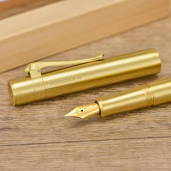 Hongdian M2 Black Forest Mini Fountain Pen, Medium Soft Golden Nib & Sleek Shape Brass Short Pocket Travel Pen (Glossy Brass)