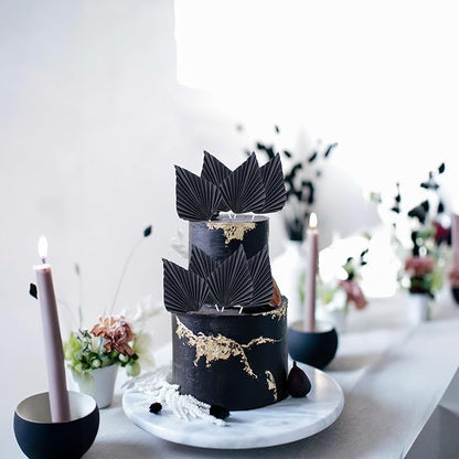Ephlyn 6Pcs Paper Palm Fan Cake Topper Palm Leaf Fan Cake Pick for DIY Cake Bakeware Baby Shower Wedding Bridal Shower Birthday Anniversary Party Cake Decorations Supplies Black