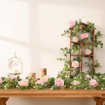 Dolicer 2Pcs 13Ft Artificial Eucalyptus Garlands with Flowers - 8 Roses, Faux Floral Greenery Garlands Fake Flowers Vines for Wedding Table Centerpieces Arch Party Ceremony Backdrop Decor (Pink)